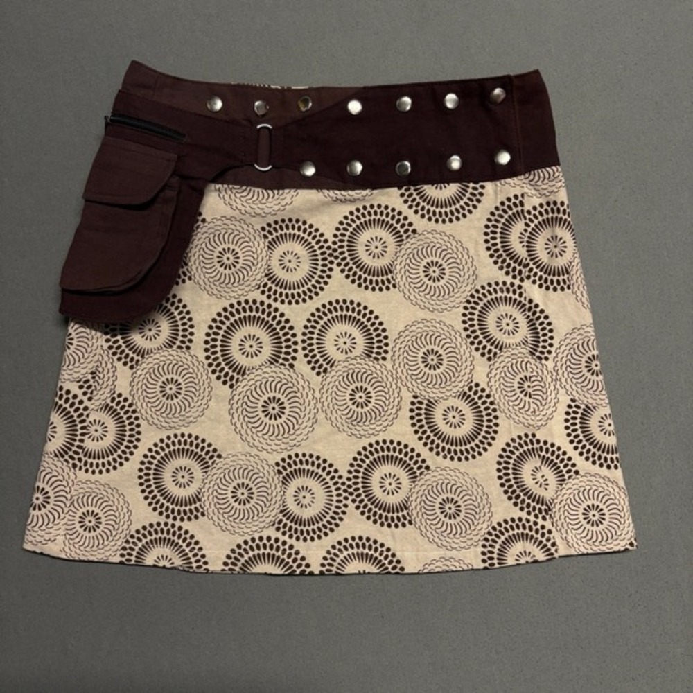 Boho Wrap Mini Skirt One Size Brown Beige Print w/ Snap‎ Belt & Utility Pocket